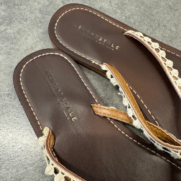 Vintage Y2k Aeropostale Lace Brown Leather Flip Flop Beach Sandals 6 - Picture 3 of 4